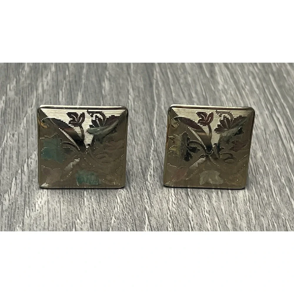 Vintage‎ Gold Tone Etched Floral Design Cufflinks Square Mens Fashion Jewelry